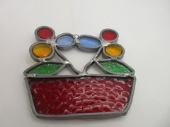 Vtg 4″ Artisan Stained Glass Floral Sun Catcher Flowers in Red Pot Art Hand Made