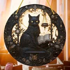 Black Cat With A Book Suncatcher Double Sided Round Acrylic Decor 002