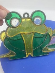 Vtg Frog & Pine Tree Suncatchers Stained Glass Woodland Green Yellow Pink Blue