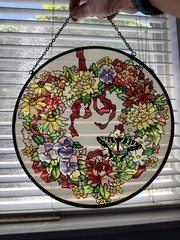Vintage Suncatcher Stained Glass Floral Butterfly Wreath Design Round With Chain