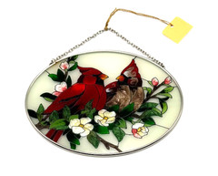 Bird Watchers Cardinals Sun Catcher Painted Glass Vintage 5″ x 7″ Flowers