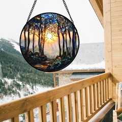 Stained Glass Suncatcher, Forest Sunrise Tree Design for Home Decor, 7.8 in