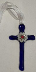 Fused Glass Cross Suncatcher Signed By Artist 4”x 2.5”