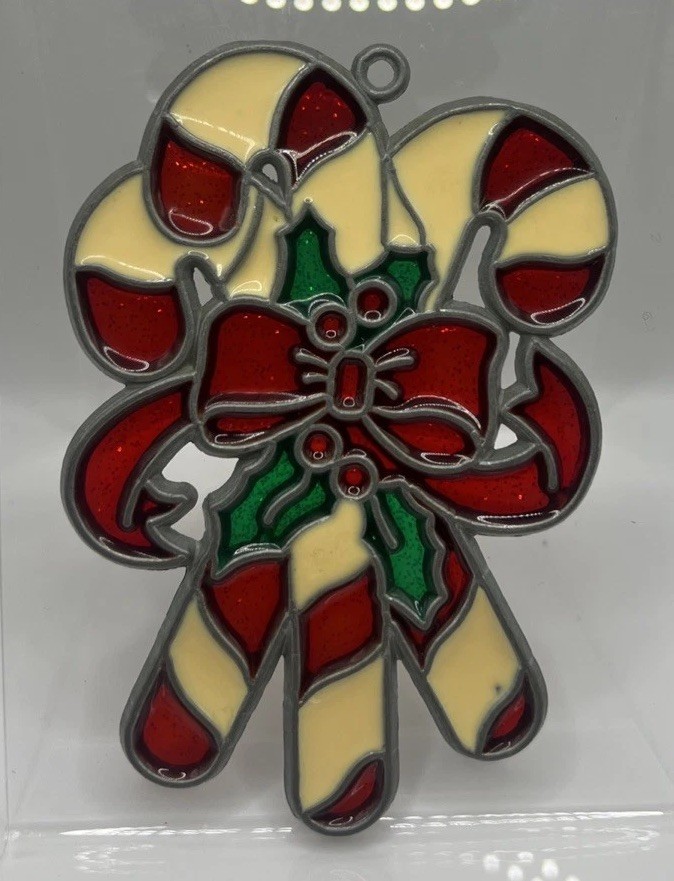 CHRISTMAS CANDY CANE SUNCATCHER WITH GREEN HOLLY AND RIBBON DECORATION