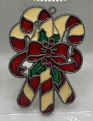 CHRISTMAS CANDY CANE SUNCATCHER WITH GREEN HOLLY AND RIBBON DECORATION