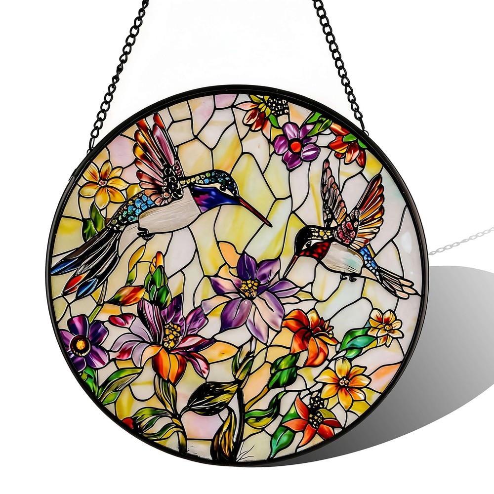 Hummingbird Stained Glass Sun Catcher Wildflower Window Decor, 6.3 Inch