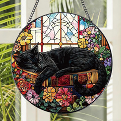 Stained Glass Window Hanging, 7.8″ Cat and Flower Sun Catchers with Hook Indoor