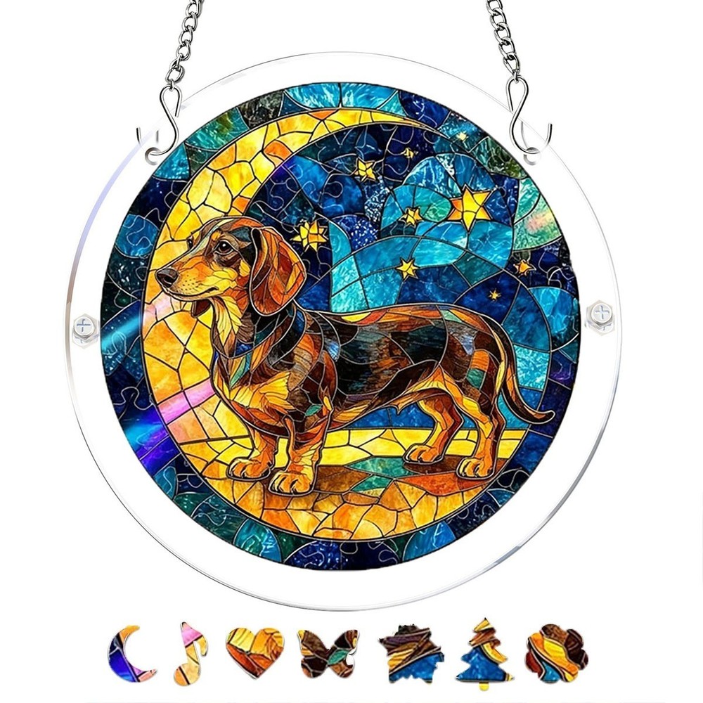 Vintage Moon Star Dachshund Round Acrylic Puzzle Suncatcher Housewarming Decor