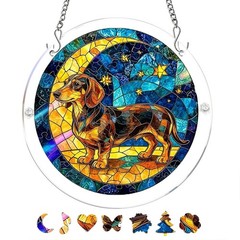 Vintage Moon Star Dachshund Round Acrylic Puzzle Suncatcher Housewarming Decor