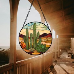 JOSUMALY Stained Glass Window Hanging, Green Cactus Sun Catcher for Door Terr…
