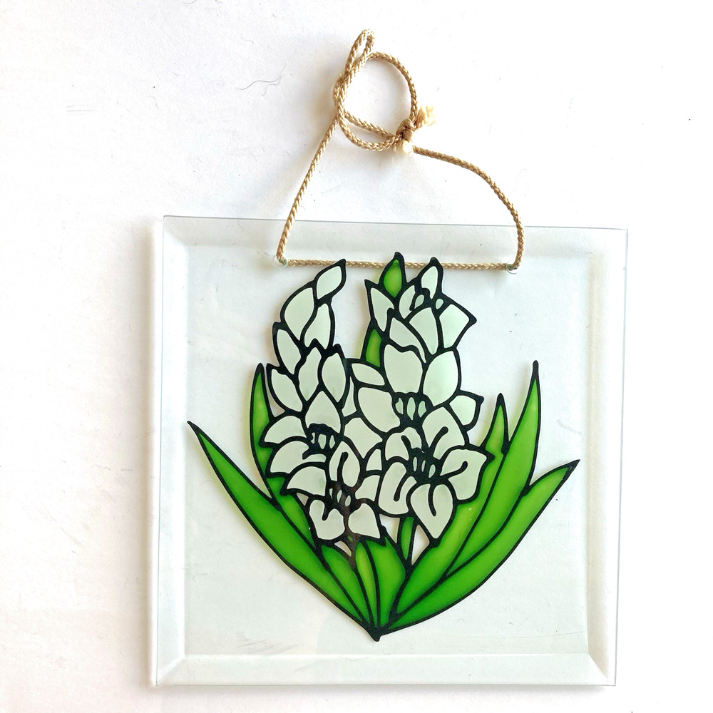 Floral Painted Beveled Glass Sun Catcher Square White Hyacinth Green Leaves 8×8