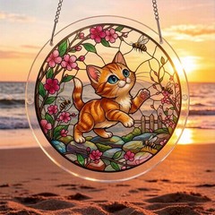 Simple Ginger Kitten Cherry Bee Floral Pattern Acrylic Puzzle Suncatcher Decor