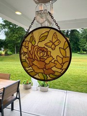 Vintage Stained Glass round window suncatcher flower butterfly pink yellow green