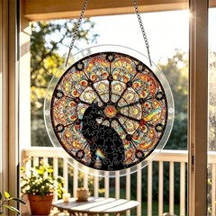 Classic Clock Black Cat Floral Round Acrylic Puzzle Suncatcher Wall Ornament