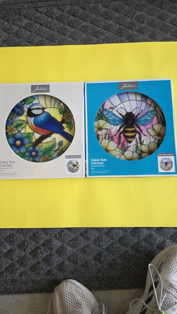 Two Hanging Glass Sun Catchers. Bee & Bluebird 9.84 in. diameter