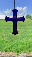 Vintage Purple Stained Glass Cross Suncatcher Christian Window Hanging