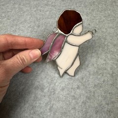 Vtg Stained Glass Angel Suncatcher Pink Wings Crystal Heart Charm Ornament 4″