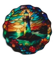Lighthouse Sunrise-Set Suncatcher – Stained Acrylic Window Hanging Chain Kit