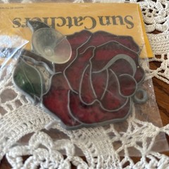 Autom Sun Catcher Stained Glass Vintage NOS Red Rose 🌹 Taiwan 80s Window Decor