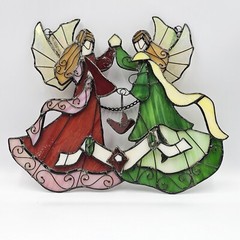 Stained Glass Angels Suncatcher W/ Bird Cardinal Sister’s Friends Slag Christmas