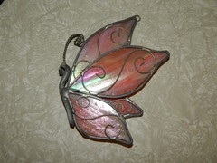 Vintage 90s Peachy Pink Iridescent Butterfly Stained Leaded Glass Sun Catcher