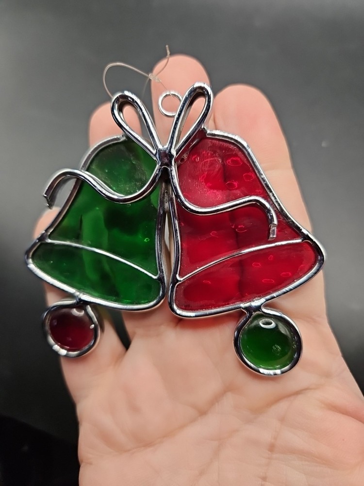 Vintage Stained Glass Bells Suncatcher Christmas Holiday Decor Green Red