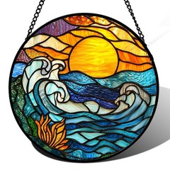 “Stained Glass Sun Catcher Orange Sun & Blue Sea Waves for Home Decor”