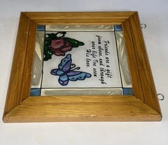 Vintage Friendship Butterfly Faux Stained Glass Wood Framed Suncatcher 8.5×9.5″