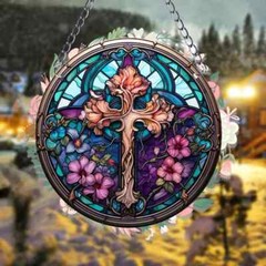 Flower Cross Suncatcher Double Sided Round Dyed Acrylic Decor