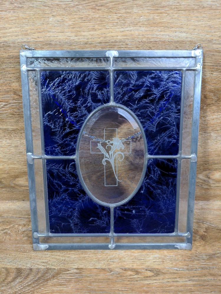 Stained Glass Light Catcher Colbolt Blue & Clear Cross & Lilly 10″ × 12″