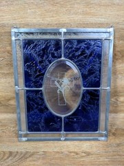 Stained Glass Light Catcher Colbolt Blue & Clear Cross & Lilly 10″ × 12″