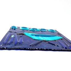 Abstract Blue Bird Fused Glass Art Suncatcher Tile Sculpture OOAK Collectible