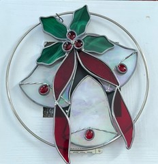 Bells Holly Ribbon Stained Glass Wall Hanging Suncatcher Christmas Holiday 9”