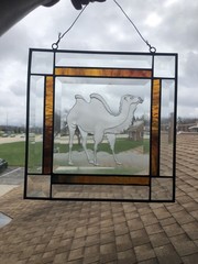 VTG Stained Beveled Glass Etched Camel Sun Catcher Panel Brass Amber Accents