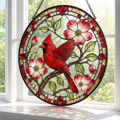 Suncatcher Red Cardinal and Blue Hydrangea Glass Window Hanging