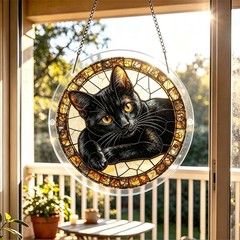 Vintage Black Cat Golden Iris Mosaic Acrylic Puzzle Suncatcher Wall Decor