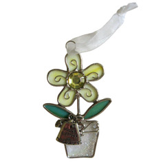 Stained Glass Suncatcher Yellow Flower in Pot Happy Birthday Dangle White Ribbon