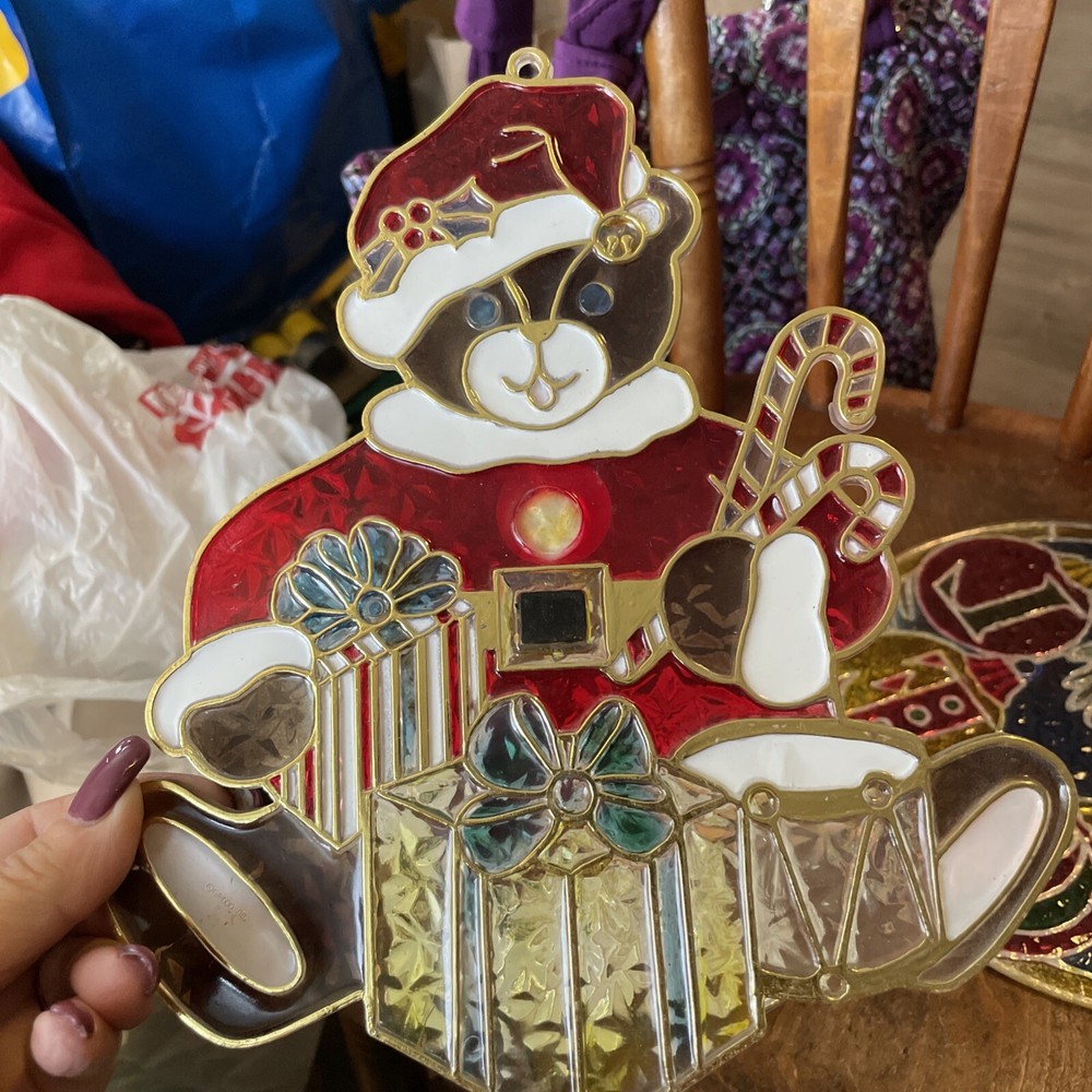 3- Vintage 80s Christmas Stained Sun Catcher Hanging Decor. . Santa, Bear, &NOEL