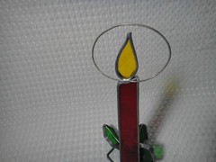 Stained Glass Christmas Candle Holly Leaves 8” Tabletop Window Decor