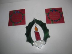 STAINED GLASS Window Suncatcher Christmas Candle + 2 more Ornaments (Cmas)