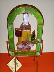 Red Wine & Grapes Stained Glass Mini Window with Stand, Gallery Inc