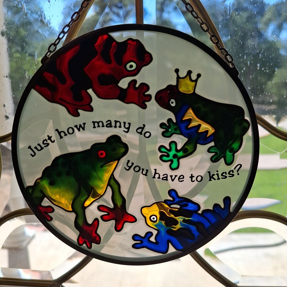 Stained Glass Sun Catcher “Just How Many Do You Have to Kiss?” Frogs Humor 4.5″