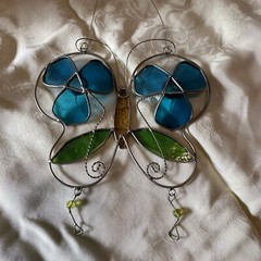 Stained Glass Style Green & Blue Butterfly Flower Suncatcher Spring Garden