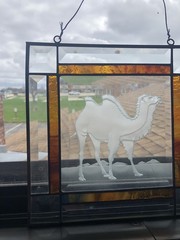 VTG Stained Beveled Glass Etched Camel Sun Catcher Panel Brass Amber Accents