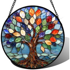 Colorful Tree of Life Stained Glass Panel 14.9×14.9 in