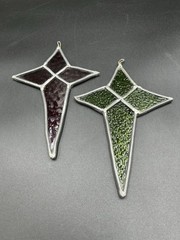 Vintage Stained Glass Star Sun catcher Pair Green Burgundy Textured