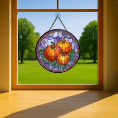 Pumpkin Patch Stained Glass Sun Catcher – Indoor Window Decor 7.8in