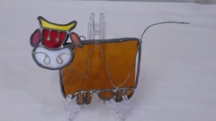 Vtg Cute Farm Cow Sun Catcher Suncatcher Stained Glass & Metal Window