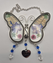 Beautiful Butterfly Glass Art Sun Catcher with Real Pressed Flowers Mom
