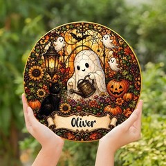 Personalized Cute Ghost Halloween Stained Glass Suncatcher, Family Keepsake